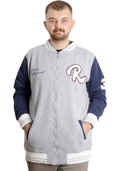 Mode Xl Büyük Beden Erkek Kolej Mont Fermuarlı Nakışlı Ceket 23633 Grimelanj