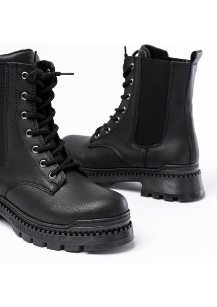 2051-298 Siyah Luna Düz Topuklu Bağcıklı Lastikli Günlük Kadın Bot indirimleri