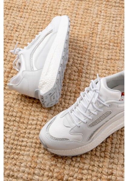 F-307 Beyaz Bağcıklı Saten Taş Aksesuarlı Günlük Spor Ayakkabı fırsatları