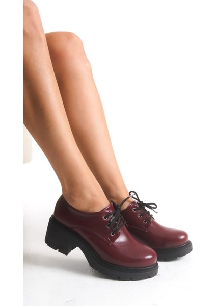 K-707 Bordo Kırışık Rugan Yüksek Tabanlı Bağcıklı Loafer Ayakkabı