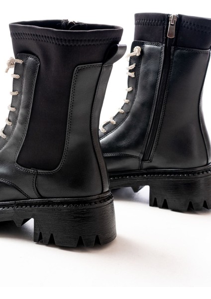 868-2006 Siyah Düz Topuklu Bağcıklı Fermuarlı Günlük Kadın Bot