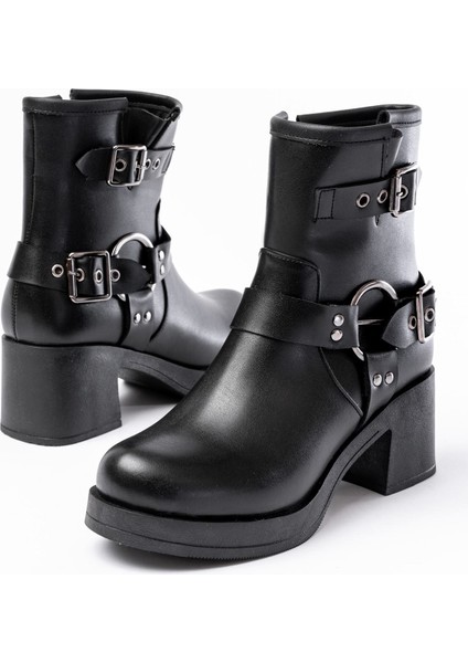 5109-3028 Siyah Toka Aksesuarlı Fermuarlı Topuklu Günlük Kadın Bot