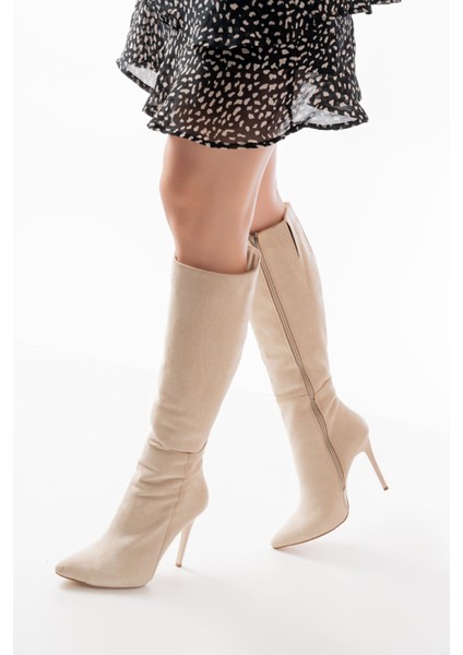 LS-226 Bej Süet Fermuarlı Lastikli Ince Yüksek Topuklu Kadın Çizme fırsatları