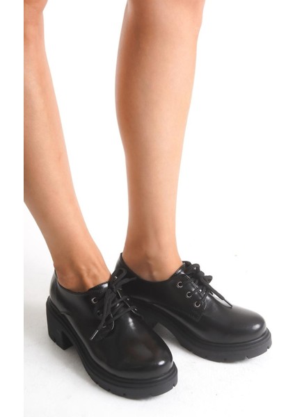 K-707 Siyah Kırışık Rugan Yüksek Tabanlı Bağcıklı Loafer Ayakkabı