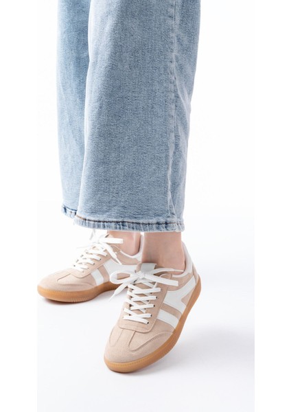 M-1004 Bej Süet Bağcıklı Termo Taban Günlük Kadın Spor