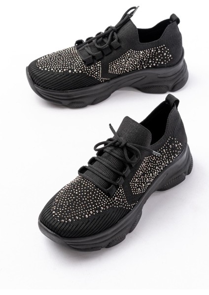 3002 Siyah Bağcıklı Fileli Taş Aksesuarlı Günlük Spor Ayakkabı fırsatları