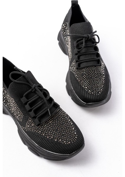 3002 Siyah Bağcıklı Fileli Taş Aksesuarlı Günlük Spor Ayakkabı indirimleri