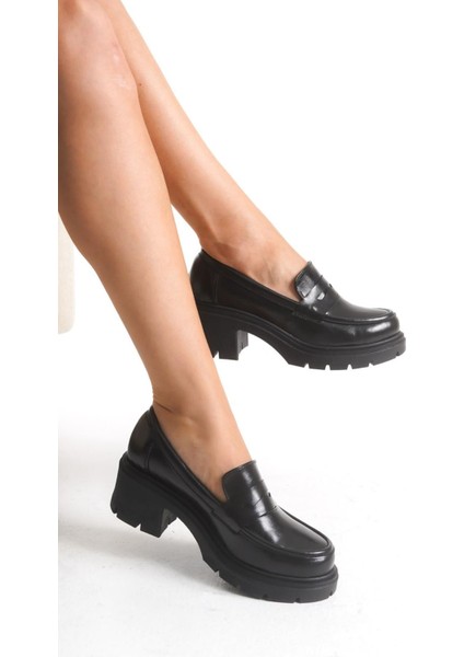 K-706 Siyah Kırışık Rugan Yüksek Tabanlı Loafer Ayakkabı modelleri