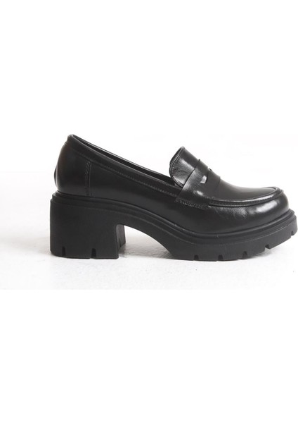 K-706 Siyah Kırışık Rugan Yüksek Tabanlı Loafer Ayakkabı