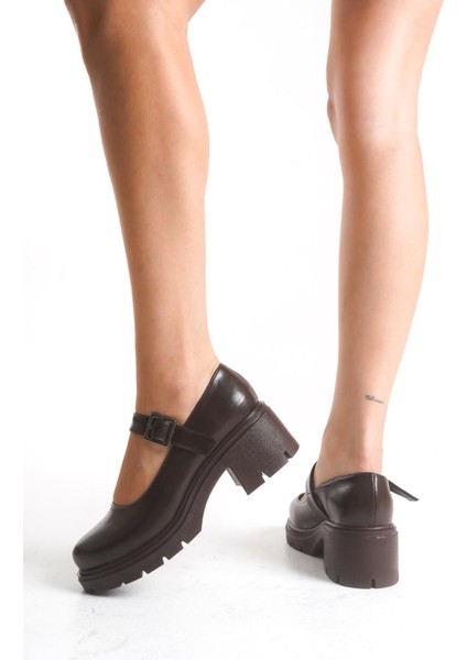 K-708 Kahve Kırışık Rugan Tokalı Yüksek Tabanlı Loafer Ayakkabı modelleri