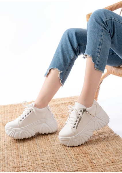 SP-156 Beyaz Bağcıklı Fermuarlı Yüksek Taban Günlük Spor Ayakkabı modelleri