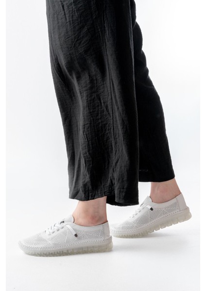 S-365 Beyaz Desenli Hakiki Deri Şeffaf Taban Kadın Spor Ayakkabı