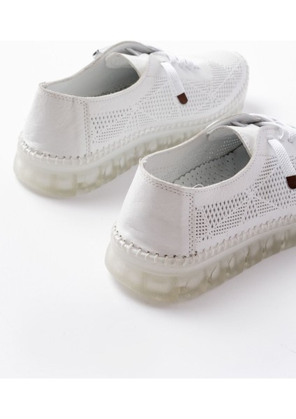 S-365 Beyaz Desenli Hakiki Deri Şeffaf Taban Kadın Spor Ayakkabı indirimleri