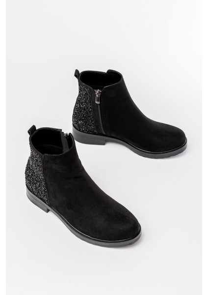 165-212 Siyah Süet Taş Aksesuarlı Fermuarlı Günlük Kadın Bot modelleri