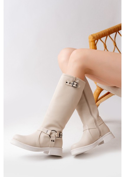02-312 Bej Toka Aksesuarlı Fermuarlı Günlük Kadın Çizme modelleri