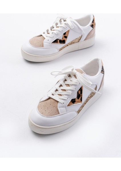 Sv-01 Beyaz Leopar Desenli Bağcıklı Kadın Spor Ayakkabı