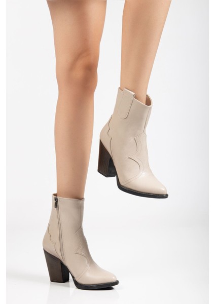 117 Bej Kovboy Dikiş Detaylı Fermuarlı Yüksek Topuklu Günlük Kadın Bot fiyatları