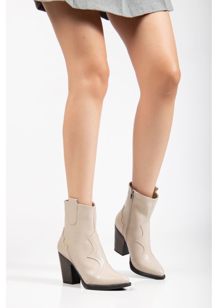 117 Bej Kovboy Dikiş Detaylı Fermuarlı Yüksek Topuklu Günlük Kadın Bot modelleri
