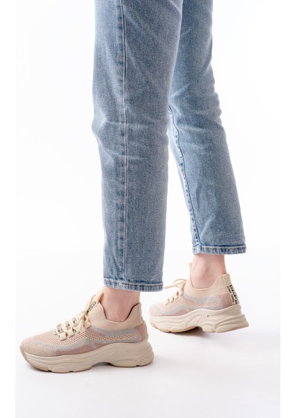 3001 Bej Bağcıklı Fileli Günlük Spor Ayakkabı