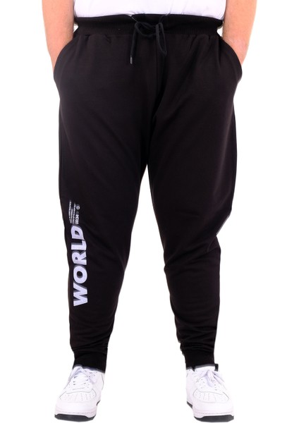 Mode Xl Büyük Beden Erkek Eşofman Altı Dar Paça Interlok Word 24519 Siyah