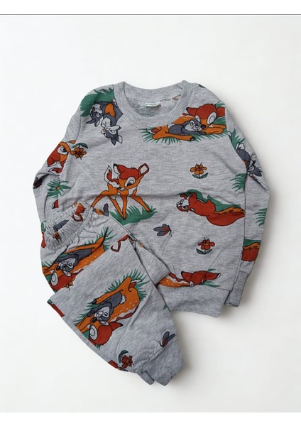 Erkekçocukuzunkollugeyik Ağaç Desenli Gri Pijama Takımı
