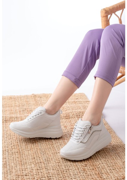 F-207 Beyaz Bağcıklı Fermuarlı Taş Aksesuarlı Mevsimlik Spor Ayakkabı