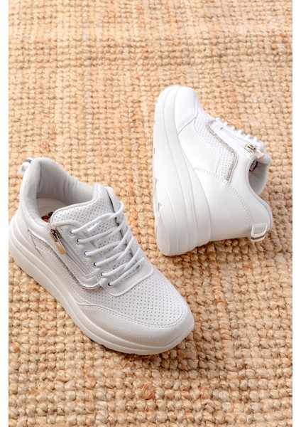 F-207 Beyaz Bağcıklı Fermuarlı Taş Aksesuarlı Mevsimlik Spor Ayakkabı fırsatları