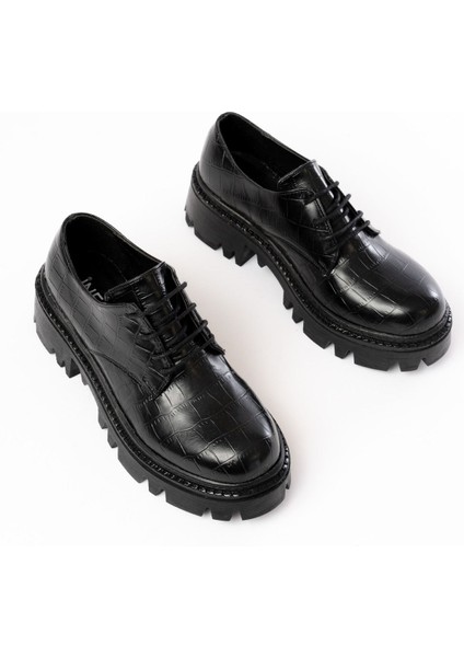 868-754 Siyah Kroko Bağcıklı Günlük Yüksek Tabanlı Loafer Ayakkabı fırsatları