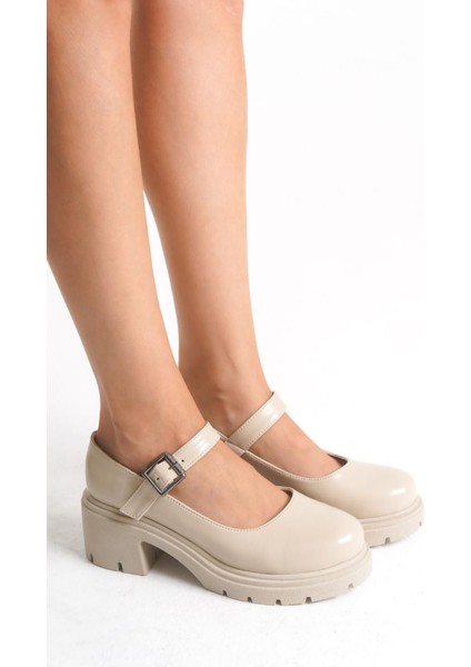 K-708 Bej Kırışık Rugan Tokalı Yüksek Tabanlı Loafer Ayakkabı fiyatları