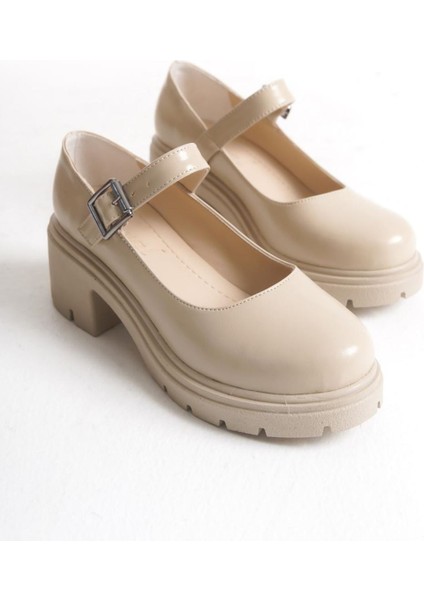 K-708 Bej Kırışık Rugan Tokalı Yüksek Tabanlı Loafer Ayakkabı fırsatları