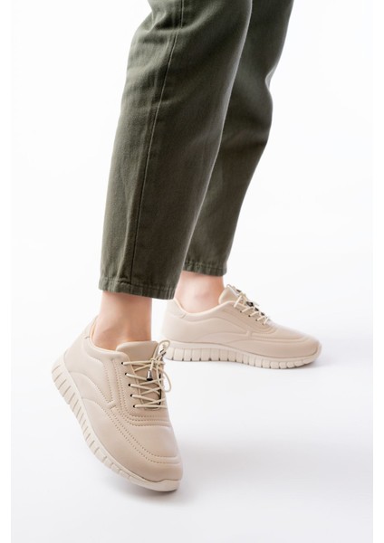 K-504 Bej Bağcıklı Desenli Günlük Spor Ayakkabı