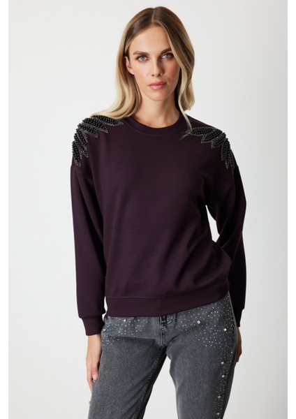 Kadın Omuzları Incili Sweat 66338 Bordo