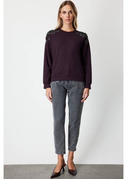 Kadın Omuzları Incili Sweat 66338 Bordo modelleri