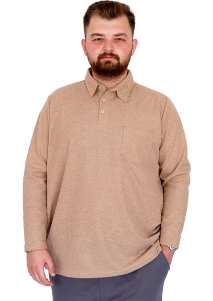 Mode Xl Büyük Beden Erkek Sweatshirtpolo Yaka Uzun Kol Waffle 23449 Bej