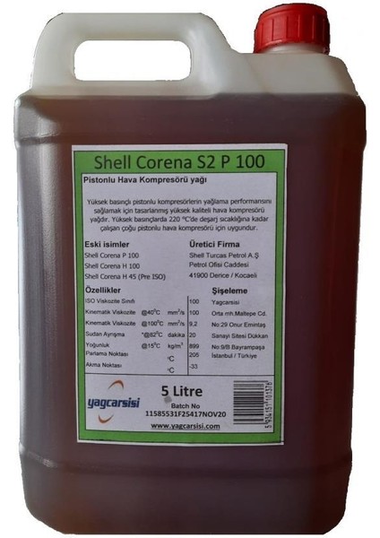 Açık-Shell Corena S2 P 100 Kompresör Yağı - 5 Litre fiyatları