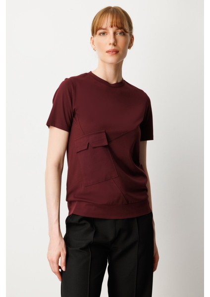 Kadın Sıfır Yaka Cepli T-Shirt 61340 Bordo