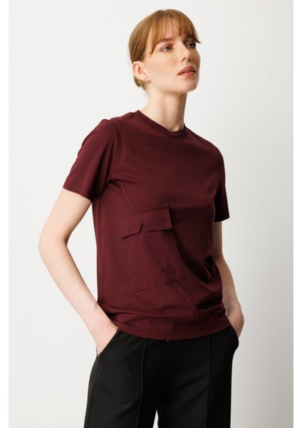 Kadın Sıfır Yaka Cepli T-Shirt 61340 Bordo fiyatları