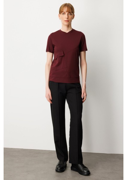 Kadın Sıfır Yaka Cepli T-Shirt 61340 Bordo modelleri