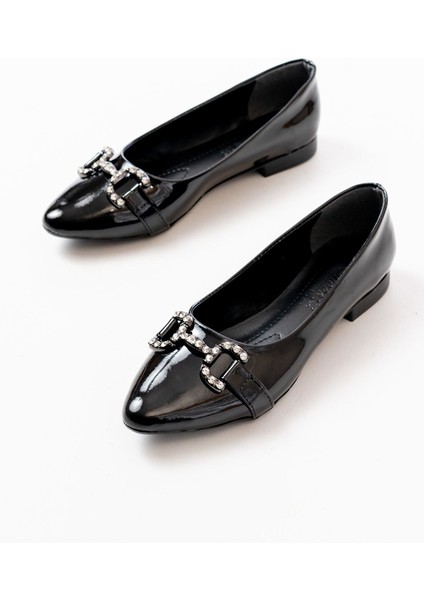 İNF-133 Siyah Rugan Taşlı Tokalı Günlük Kadın Babet fırsatları