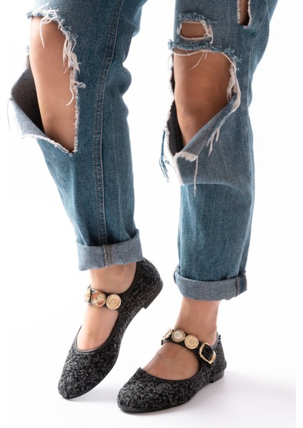 İNF-6363 Siyah Havlu Desenli Baret Tokalı Günlük Bayan Ayakkabı