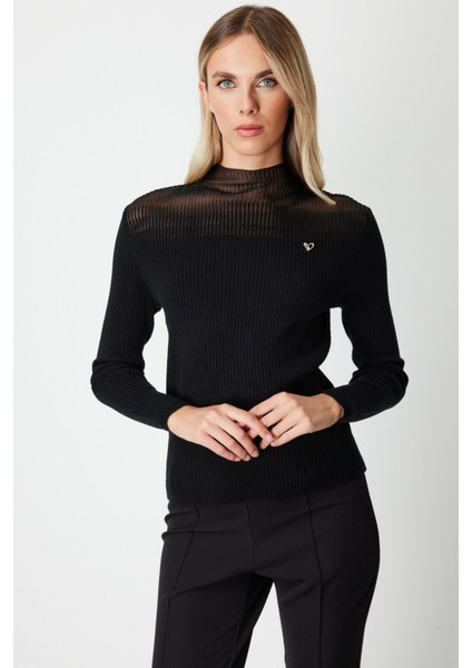 Kadın Aksesuar Detaylı Triko Kazak 60346 Siyah