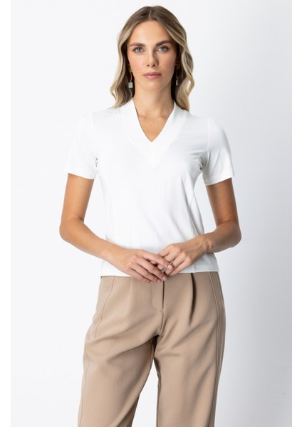 Kadın V Yaka Dikişli Basic T-Shirt 61341 Ekru fiyatları