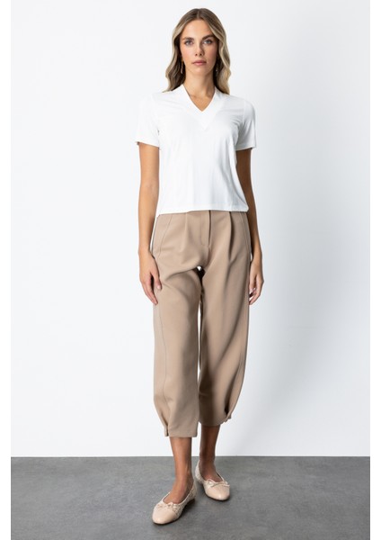 Kadın V Yaka Dikişli Basic T-Shirt 61341 Ekru modelleri