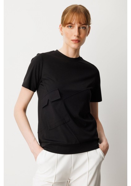 Kadın Sıfır Yaka Cepli T-Shirt 61340 Siyah