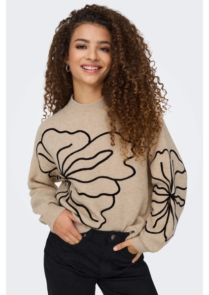 Kadın Jdyjella Desenli Yuvarlak Yaka Yünlü Kazak 15344518 Bej