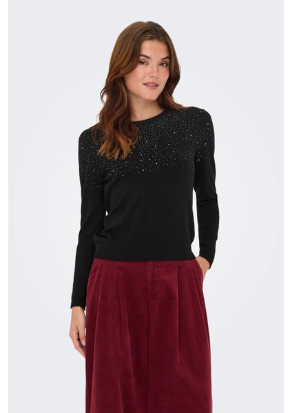 Kadın Onlanabella Taş Detaylı Bisiklet Yaka Kazak 15355228 Siyah