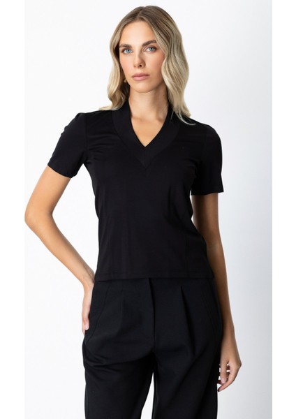 Kadın V Yaka Dikişli Basic T-Shirt 61341 Siyah