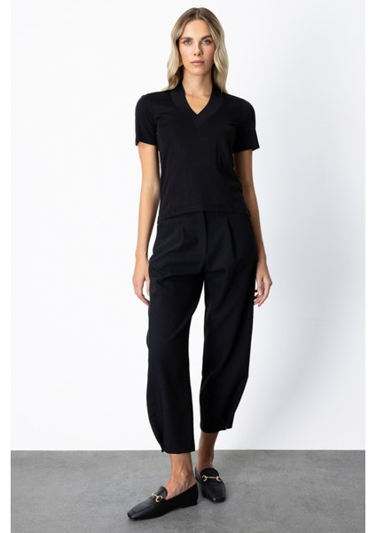 Kadın V Yaka Dikişli Basic T-Shirt 61341 Siyah modelleri