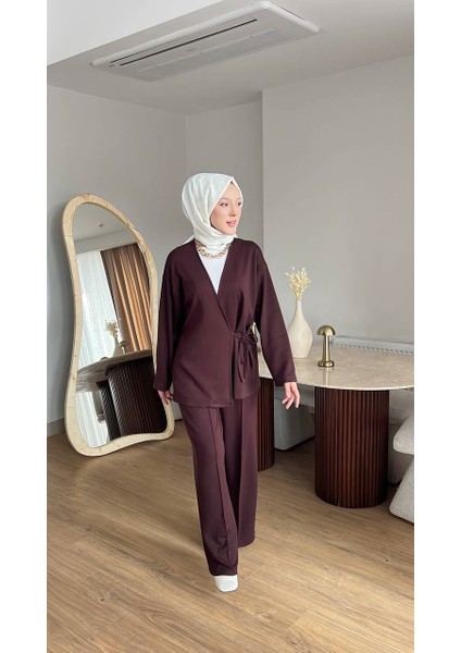 Kadın Yandan Düğmeli Kimonolu Takım- Mürdüm