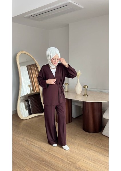 Kadın Yandan Düğmeli Kimonolu Takım- Mürdüm fiyatları